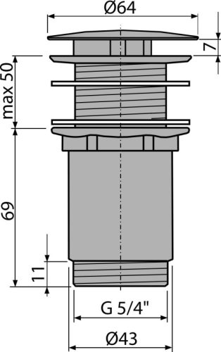 Alca A396 CLICK/CLACK nélküli mosdó leeresztő 5/4", fémből, nagy dugóval, túlfolyó nélküli mosdókhoz
