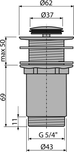 Alca A394 CLICK/CLACK mosdó leeresztő 5/4", túlfolyó nélkül, fémből, kis dugóval, műanyag és üveg mosdókhoz