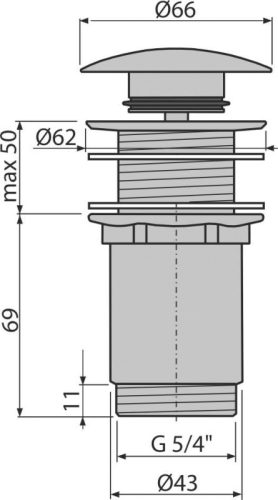 Alca A395 CLICK/CLACK mosdó leeresztő 5/4", túlfolyó nélkül, fémből, nagy króm dugóval