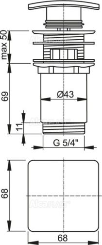 Alca A393 CLICK/CLACK mosdó leeresztő 5/4", túlfolyóval, fémből, szögletes dugóval