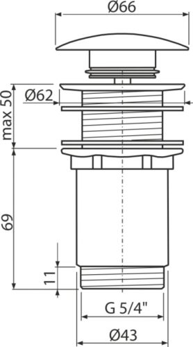 Alca A395B CLICK/CLACK mosdó leeresztő 5/4",túlfolyó nélkül, fémből, nagy fehér dugóval, műanyag és üveg mosdókhoz