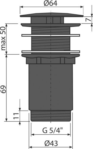 Alca A396BLACK CLICK/CLACK nélküli mosdó leeresztő 5/4", fémből, nagy dugóval, túlfolyó nélküli mosdókhoz, fekete-matt