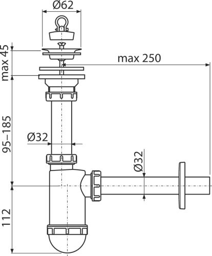 Alca A411 Mosdószifon DN32 rozsdamentes leeresztővel DN63