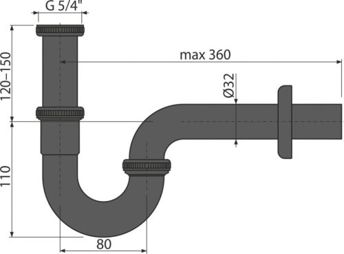 Alca A4320BLACK „U“ alakú mosdószifon DN32, 5/4" hollandi anyával, fekete-matt