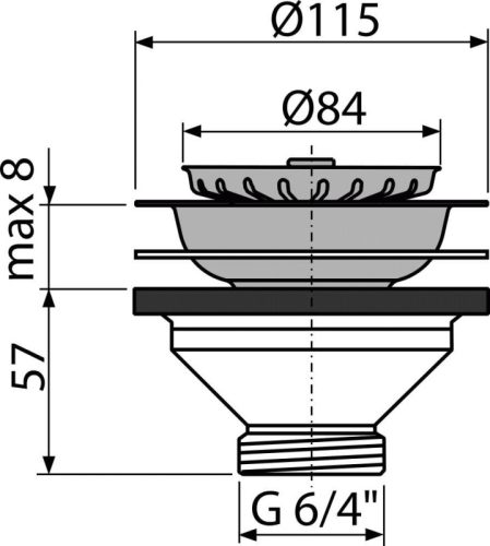 Alca A37 Mosogató leeresztő 6/4" rozsdamentes ráccsal DN115