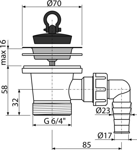Alca A33P Mosogató leeresztő 6/4" rozsdamentes ráccsal DN70 és csatlakozóval