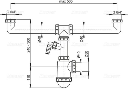 Alca A448P-DN50/40 Szifon kétmedencés mosogatóhoz 6/4" hollandi anyával és csatlakozóval