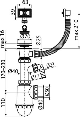 Alca A444P-DN50/40 Mosogató szifon rozsdamentes leeresztővel DN70, flexibilis túlfolyóval és csatlakozóval