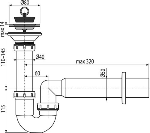 Alca A464-DN50 Mosogatószifon leeresztővel, bűzelzáróval DN50