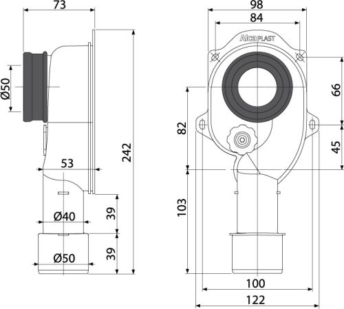 Alca A45C Piszoár rejtett szifon függőleges DN40 a DN50