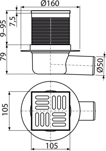 Alca APV31 Padlóösszefolyó 105×105/50 mm vízszintes, rozsdamentes rács, kombinált SMART bűzzár