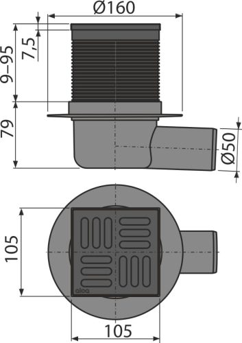 Alca APV31BLACK Padlóösszefolyó 105×105/50 mm vízszintes, rozsdamentes rács fekete-matt, kombinált SMART bűzzár