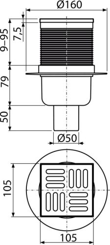 Alca APV32 Padlóösszefolyó 105×105/50 mm függőleges, rozsdamentes rács, kombinált SMART bűzzár