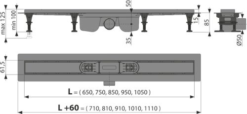 Alca APZ12-850 Optimal zuhanyfolyóka peremmel perforált rácsokhoz vagy burkolható rácsokhoz, rács nélkül
