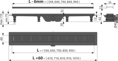 Alca APZ10BLACK-750 zuhanyfolyóka peremmel perforált rácsokhoz, fekete-matt