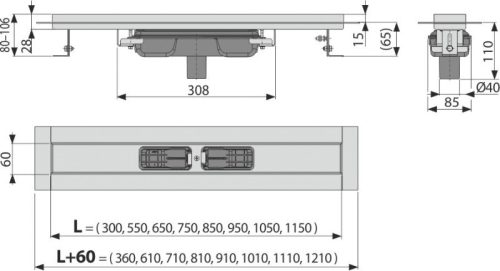 Alca APZ1106-850 Professional Low zuhanyfolyóka peremmel tömör rácsokhoz, függőleges lefolyóval