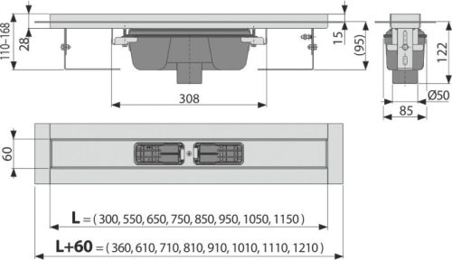 Alca APZ1006-850 Professional zuhanyfolyóka peremmel tömör rácsokhoz, függőleges lefolyóval
