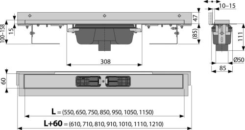 Alca APZ1004-650 Flexible zuhanyfolyóka falhoz beállítható szigetelési gallérral, peremmel perforált rácsokhoz, függőleges lefolyóval
