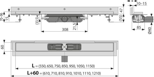 Alca APZ104-550 Flexible Low zuhanyfolyóka falhoz beállítható szigetelési gallérral, peremmel perforált rácsokhoz, univ.alacsony