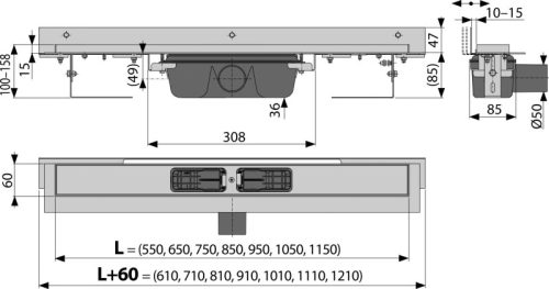 Alca APZ4-850 zuhanyfolyóka falhoz beállítható szigetelési gallérral, peremmel perforált rácsokhoz, 100-155mm