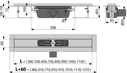 Alca APZ1-1050 zuhanyfolyóka peremmel perforált rácsokhoz, 100-155mm