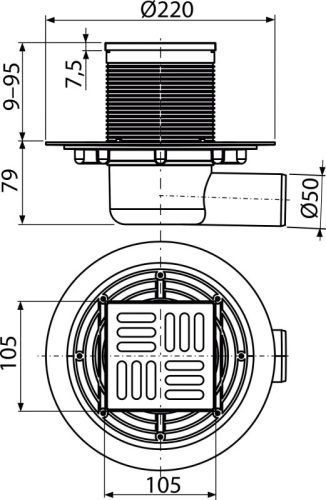 Alca APV1311 Padlóösszefolyó 105×105/50 mm vízszintes, rozsdamentes rács, vizes bűzzár, oldalsó