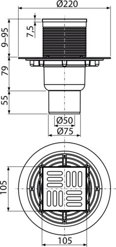 Alca APV2321 Padlóösszefolyó 105×105/50/75 mm függőleges, rozsdamentes rács, kombinált SMART bűzzár