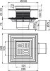 Alcadrain APV3344 Padlóösszefolyó 105×105/50/75 mm vízszintes, rozsdamentes rács, rozsdamentes szigetelés rögzítő karima a 2.szintű szigeteléshez, vizes és száraz bűzzár