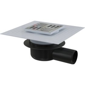   Alca APV26C Padlóösszefolyó 105×105/50 mm vízszintes, rozsdamentes rács, karima a 2.szintű szigeteléshez, száraz bűzzár