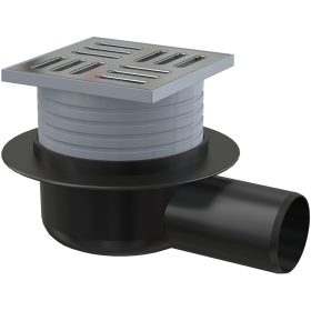   Alca APV26 Padlóösszefolyó 105×105/50 mm vízszintes, rozsdamentes rács, vizes bűzzár
