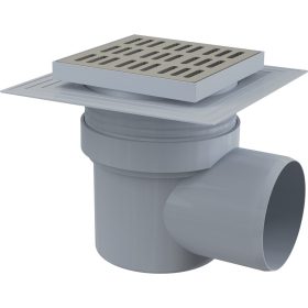  Alca APV12 Padlóösszefolyó 150×150/110 mm vízszintes, rozsdamentes rács, karima a 2.szintű szigeteléshez, vizes bűzzár