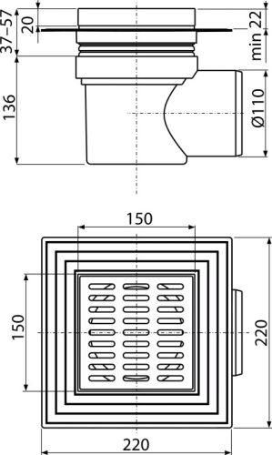 Alca APV12 Padlóösszefolyó 150×150/110 mm vízszintes, rozsdamentes rács, karima a 2.szintű szigeteléshez, vizes bűzzár