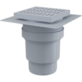  Alca APV11 Padlóösszefolyó 105×105/110 mm függőleges, szürke rács, karima a 2.szintű szigeteléshez, vizes bűzzár