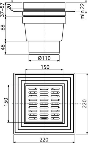 Alca APV11 Padlóösszefolyó 105×105/110 mm függőleges, szürke rács, karima a 2.szintű szigeteléshez, vizes bűzzár
