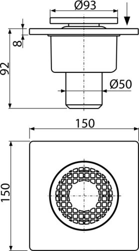 Alca APV4 Padlóösszefolyó 150×150/50 mm függőleges, szürke rács, vizes bűzzár