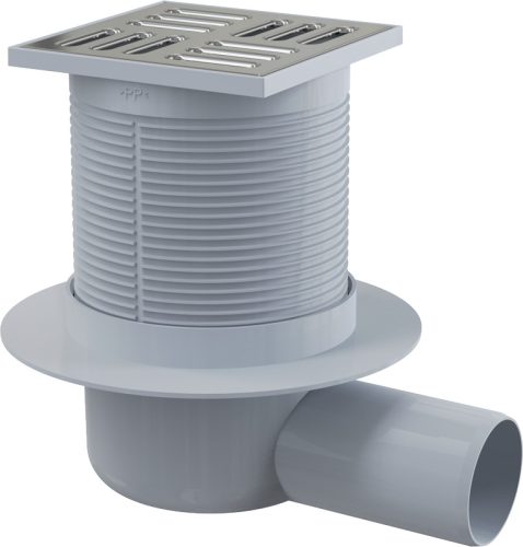 Alcadrain APV1 Padlóösszefolyó 105×105/50 mm vízszintes, rozsdamentes rács, vizes bűzzár