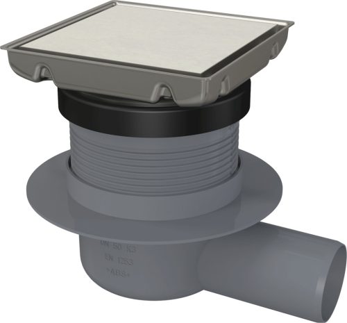 Alcadrain Padlóösszefolyó 130×130 mm vízszintes, kétoldalas rozsdamentes rács, kombinált SMART bűzzár