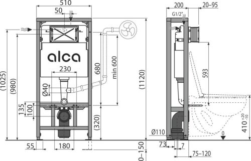 Alca AM116/1120 Solomodul falsík alatti szerelési rendszer száraz szereléshez (térbe helyezhető), mozgáskorlátozott személyek számára, +elszívó