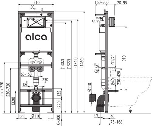 Alca A108F/1500 Szerelőkeret tartállyal falikúthoz, szennycsővel DN90/110 és csapteleppel